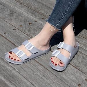 NWT DL Comfort Slides Women’s 8 Grey Double Buckle Slip-on Adjustable Sandals